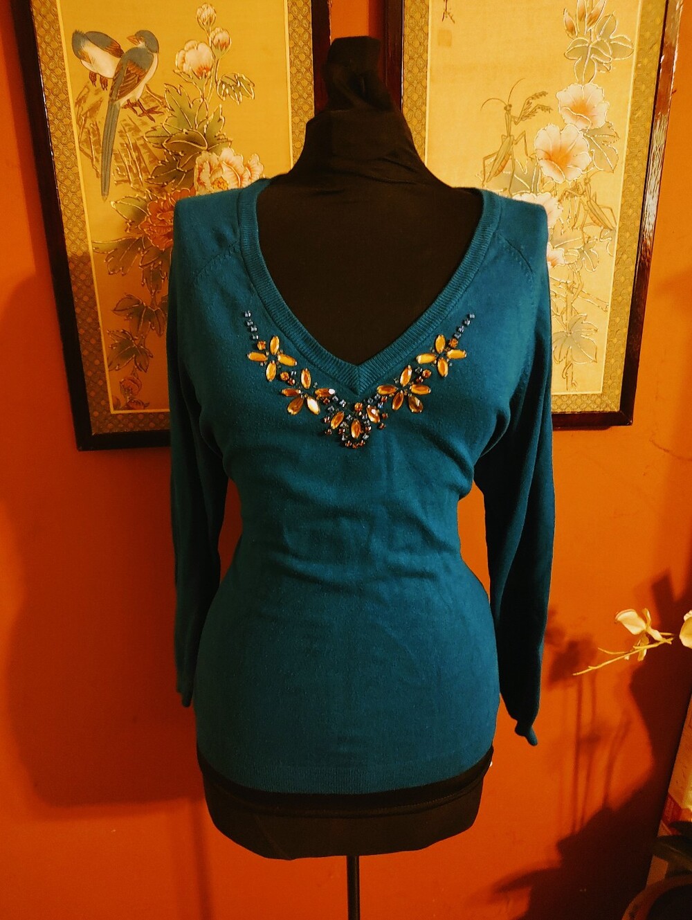 🦚⚜️🦚 Beautiful Mallard Peacock Dark Teal Rhinestone Sweater Top - LP